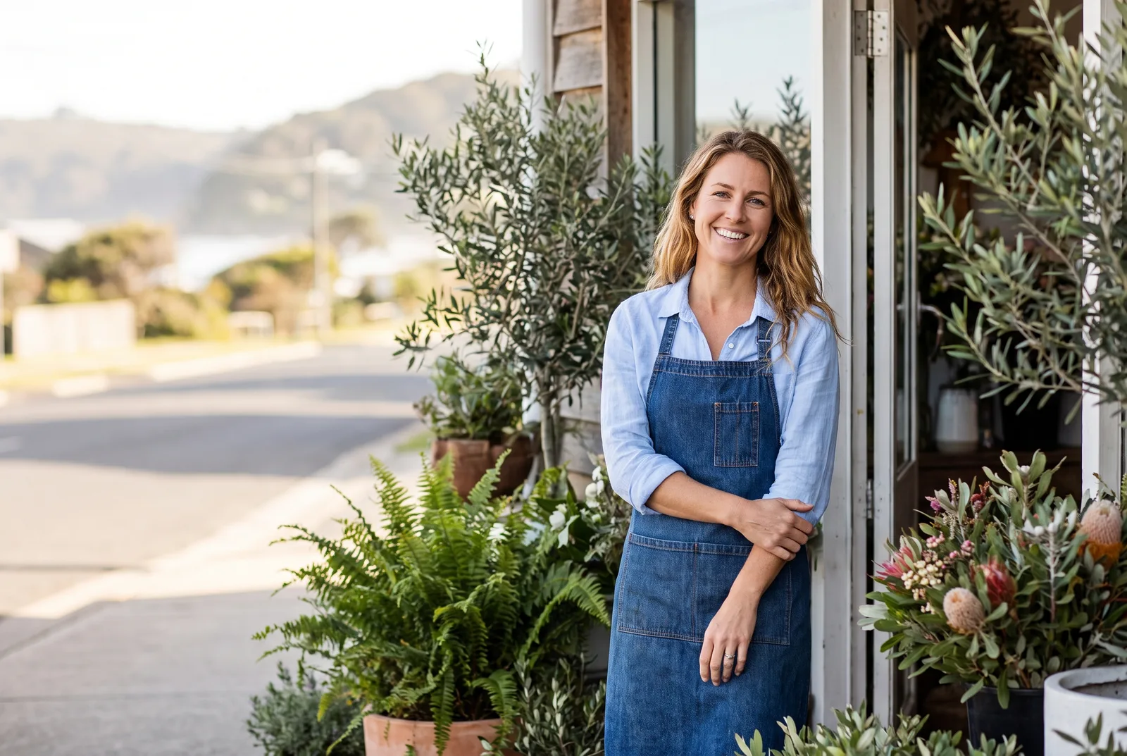 Local business owner outside her cafe and plant shop