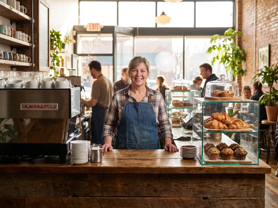 Cafe owner at the counter of a coffee shop