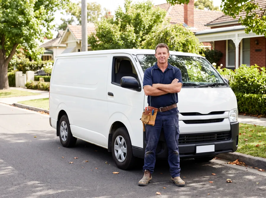 Tradesperson in front of a work van