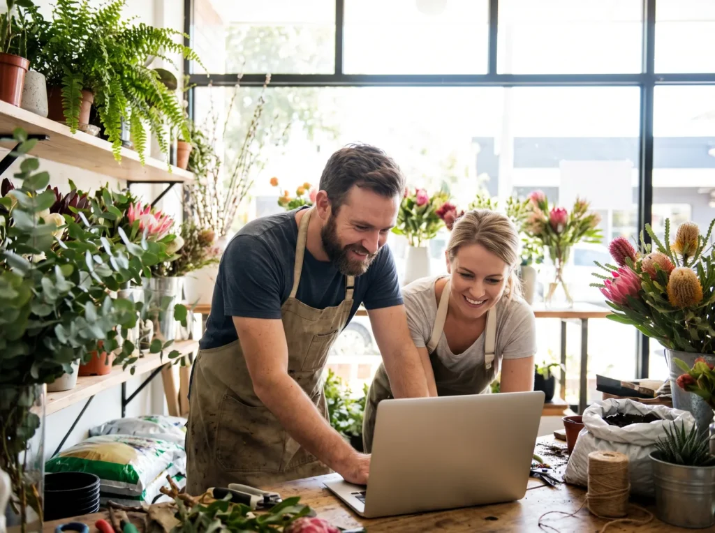Two business owners reviewing local SEO on a laptop